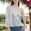 Anna-Kaci Women's Summer Sparkle Sequins One Shoulder Top Blouse Cocktail Casual Glitter Sequined T-Shirt Tops - 3 of 4
