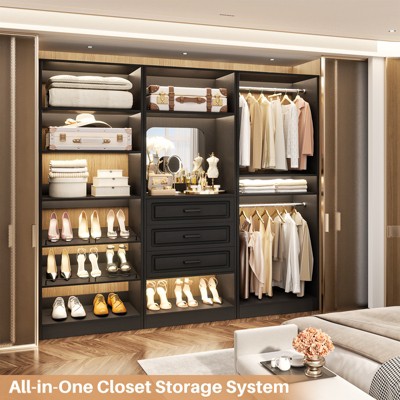 Aheaplus Walk-In Corner Closet System with Mirror, Freestanding Closet Organizer with Drawer and Shelves