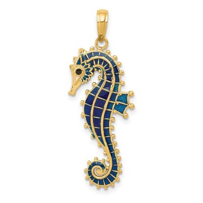 Black Bow Jewelry 14k Yellow Gold Large Blue Enameled Seahorse Pendant