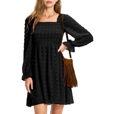 EXLURA Women's 2025 Summer Long Sleeve Party Swiss Dot Dress Smocked Ruffle Cocktail Mini Dresses