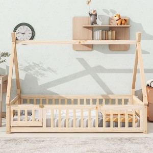 CAVINAS Kids Toddler Bed with Guardrails,Floor Bed with Tent-shaped Design,Twin/Full Size Montessori Bed for Bedroom,White/Brown/Gray/Off-White - 1 of 4