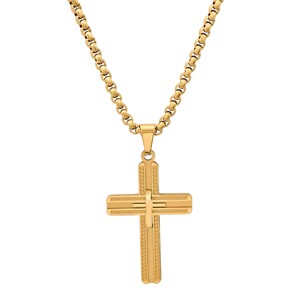 Steeltime 24" Men's 18k gold plated stainless steel double cross pendant - 1 of 4