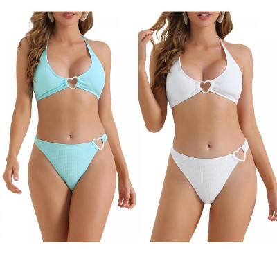 INSPIRE CHIC Women's Ribbed Textured Halter Cute Heart Ring Triangle Bottoms Swimwear Bathing Bikini Suits 2 Sets