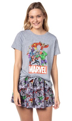 Marvel Womens' Classic Comic The Avengers Characters Pajama Set Shorts  (X-Small) Grey