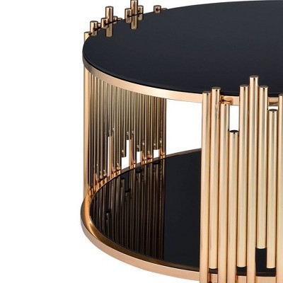 Tanquin Black Glass and Gold Round Coffee Table with Shelf