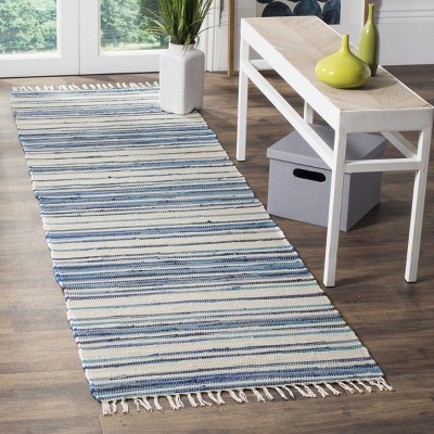 Ivory and Blue Flat Woven Wool Cotton Stripe Runner Rug