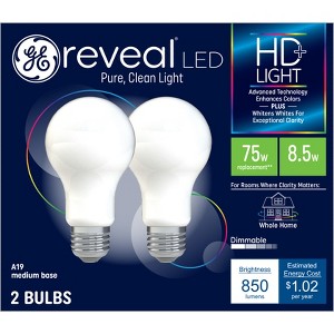 GE 2pk 75W Reveal HD+ A21 LED Light Bulbs: 75W Equivalent, Dimmable, 850 Lumens, E26 Base, 13.7-Year Life, Suitable for Wet Locations - 1 of 4