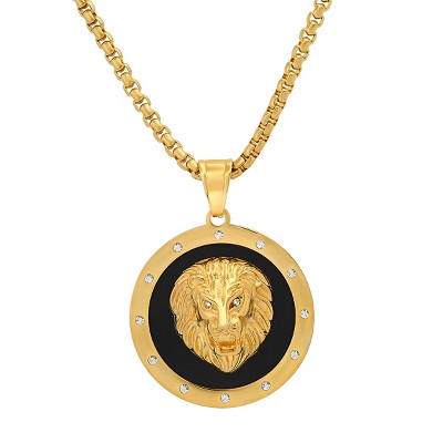 Steeltime Men's stainless steel, black enamel and black simulated diamonds lion head round pendant. Color Options: Silver, Gold