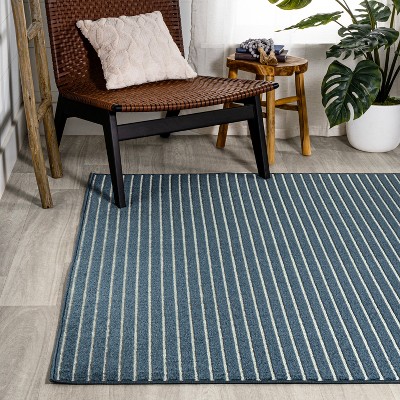 Ivory and Navy Striped Synthetic 4' x 6' Reversible Rug