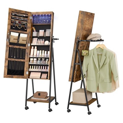SONGMICS Lockable Mirror Jewelry Cabinet Standing Jewelry Armoire with 4 Wheels Mirror with Jewelry Storage Rustic Brown and Black