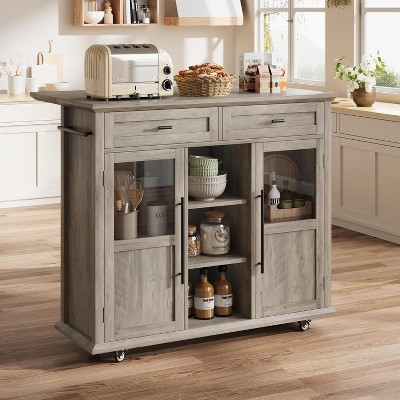 Foldable Kitchen Island Cart with Wheels, 2 Glass Doors, Spice Rack & Towel Holder – Mobile Storage Cart for Small Kitchens, Dining Rooms - Grey