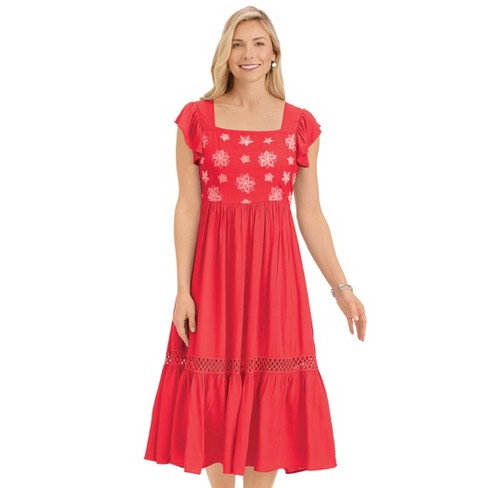 Collections Etc Floral Embroidered Smock Back Flutter Sleeve Dress ...