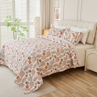 Acoinel Coastal Coral & Seashell Quilt Set - 3-Piece Reversible Bedspread with Pillow Shams,King — фото 5