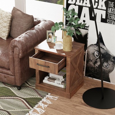 Rustic Brown Wooden Nightstand with Drawer and Shelf