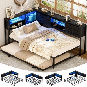 Aheaplus L-Shaped DayBed with Charging Station, Corner Bed Frame with Bookcase and Sliding Door - 1 of 4