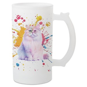 100 North Freezable Beer Stein Mug With Thumb Grip Handle, 16 Ounce Frosted Glass, Persian Cat Paint Splatter - 1 of 4