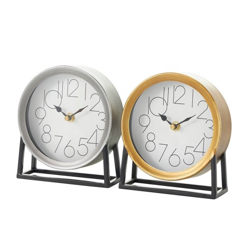 Set of 2 Metal Metallic Clocks with Black Modern Bases - Olivia & May