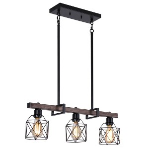 HBEZON 27.6" Height Adjustable 3-Light Pendant Light, Industrial Metal Faux Wood Chandelier for Kitchen Island, Dining Room, Black - 1 of 4