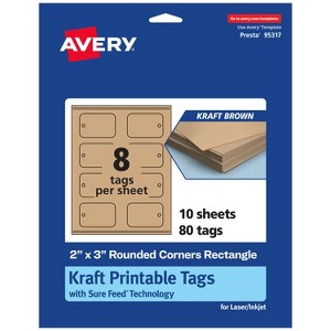 Avery Printable Rectangle Rounded Corner Tags with Sure Feed Technology, 2" x 3", Kraft Brown Cardstock, Print-to-the-Edge, Laser/Inkjet, 80 Total - 1 of 4
