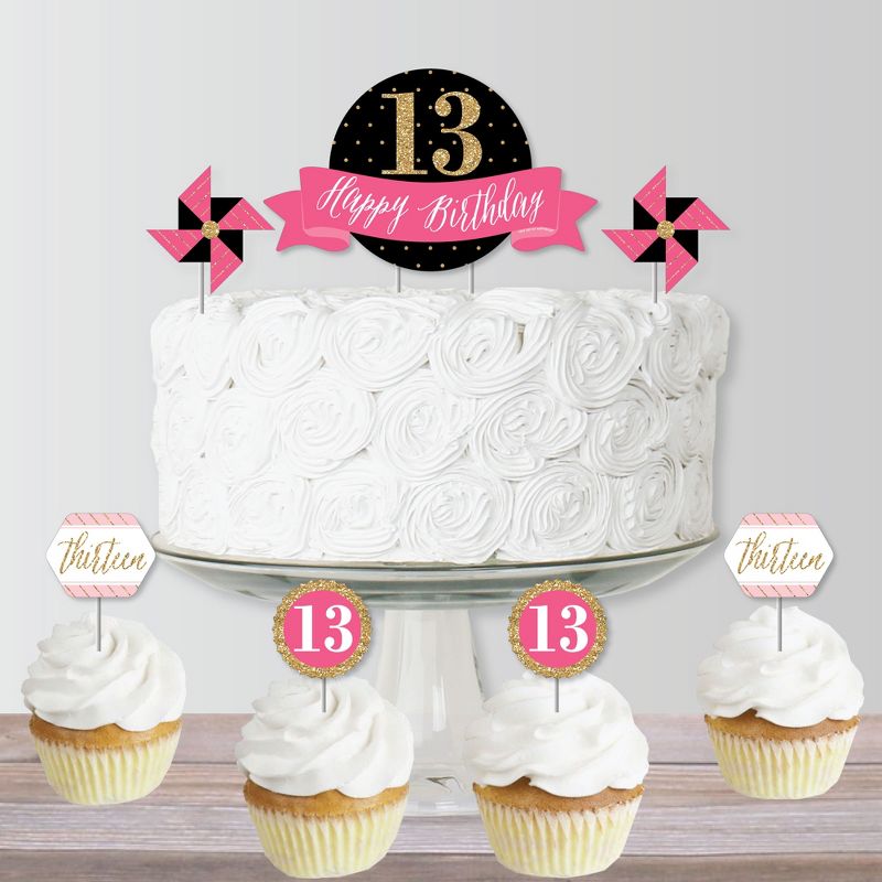 Big Dot of Happiness Chic 13th Birthday - Pink, Black and Gold - Birthday Party Cake Decorating Kit - Happy Birthday Cake Topper Set - 11 Pieces, 4 of 7
