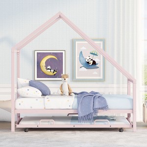 CAVINAS Twin Size Small House Bed Frame With Trundle,Metal Floor Bed for Kids Room,Bedroom - 1 of 4