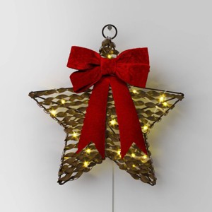 30ct Battery Operated Hanging Twisted Faux Rattan Star with Red Velvet Bow - Warm White Lights - Wondershop™ - 1 of 4