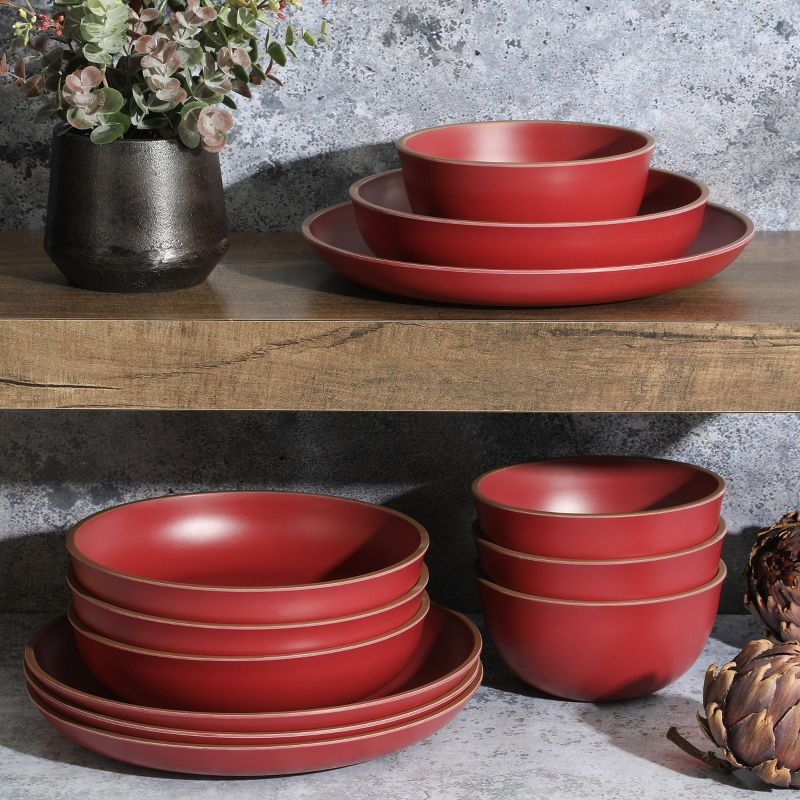 Gibson Home Rockabye 12 Piece Double Bowl Malemine Dinnerware Set in Red, 4 of 10