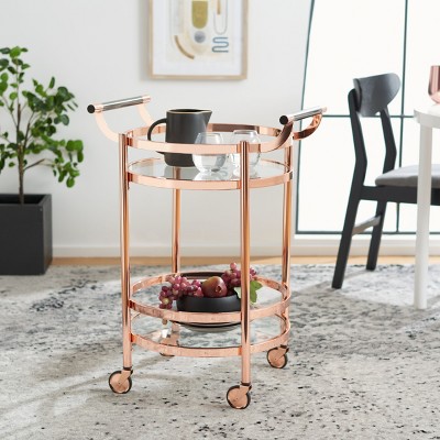 Contemporary Chic Rose Gold & Black Nickel Round Bar Cart with Glass Tiers