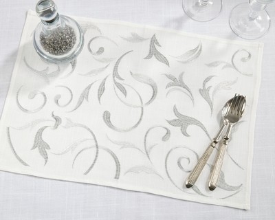 Silver Botanical Embroidered Fabric Rectangle Placemats, Set of 4