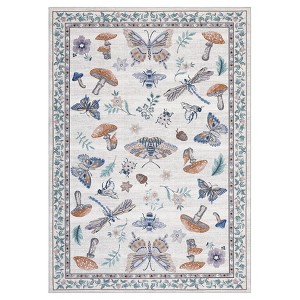 Washable Modern Farmhouse Area Rug with Butterflies Flowers Print, Botanical Low Pile Soft Large Carpet for Home Decor - 1 of 4