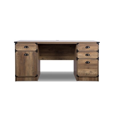 HomeRoots 59" Oak Wood Pedestal Computer Desk With Four Drawers