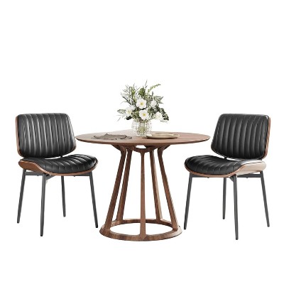 Ora Maison Mid-Century Dining Chairs Set of 2, PU Leather Upholstered Side Chairs with Metal Legs & Wooden Back for Dining Room & Living Room, Black