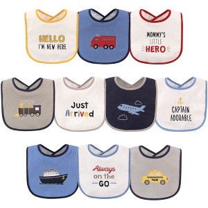 Luvable Friends Baby Boy Cotton Terry Drooler Bibs with PEVA Back 10pk, Transportation, One Size - 1 of 1