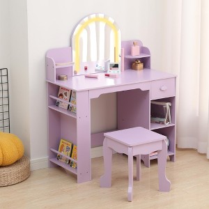 Kids Vanity with Lighted Mirror, 2 in 1 Little Girls Vanity Table & Stool, Kids Makeup with Bookshelf, Drawer & Open Shelves for 3-9 Yrs Girls - 1 of 4