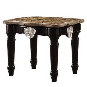 Royal Hampton Marble Top End Table With Contrast Carved Motif Turned Wood Legs, Black - 1 of 4
