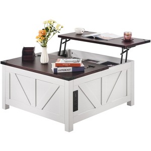 VEVOR 36" Farmhouse Coffee Table, Hinged Lift Top Square Coffee Table with Built-in Power Strip, Wooden Rustic Cocktail Table, Brown & White - 1 of 4