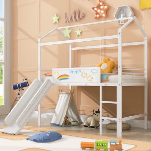 PAGED Twin Size Loft Bed, House Shaped Metal Bed Frame with Blackboard, Slide and Ladder for Bedroom - 1 of 4
