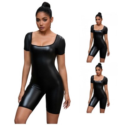 INSPIRE CHIC 3 Pcs Women's Short Sleeve Sweat Bodysuit Slimming Full Body Shaper Workout Leather Leotard Jumpsuit