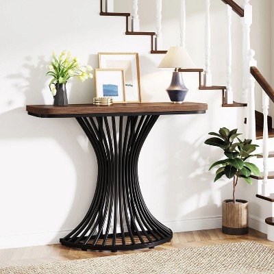 Rustic Brown Wood and Black Metal Demilune Console Table with Storage