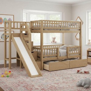 Polibi Twin Over Twin Bunk Bed with Slide, Staircase Storage & Underbed Drawers - 1 of 4