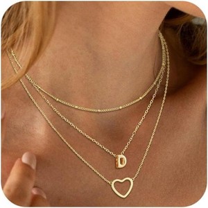 14K Gold Plated Initial Necklace, Layered Heart & A-Z Letter Personalized Gift for Women - 1 of 4