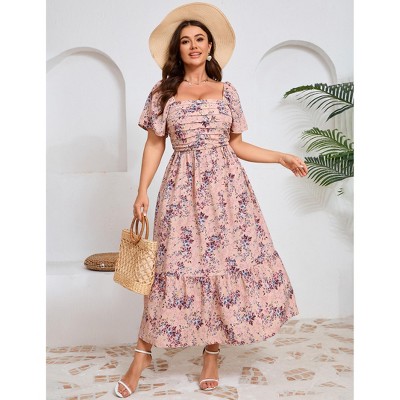 YESFASHION Women Plus Size Maxi Dress Floral Casual Dress Short Sleeve Long Dress Ruffle Pleated High Waist Square Neck Summer Dress