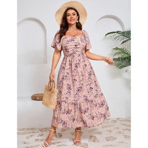YESFASHION Women Plus Size Maxi Dress Floral Casual Dress Short Sleeve Long Dress Ruffle Pleated High Waist Square Neck Summer Dress - 1 of 4