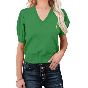 Clearlove Women's V Neck Puff Sleeve Short Sleeve Knit Top Lightweight Solid Color Basic Casual Pullover Shirt Sweater - 1 of 4
