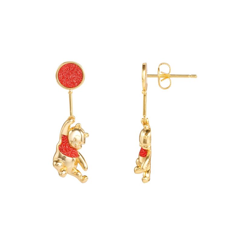 Disney Womens Winnie the Pooh Gold Plated Red Glitter Balloon Swinging Earrings, 3 of 5