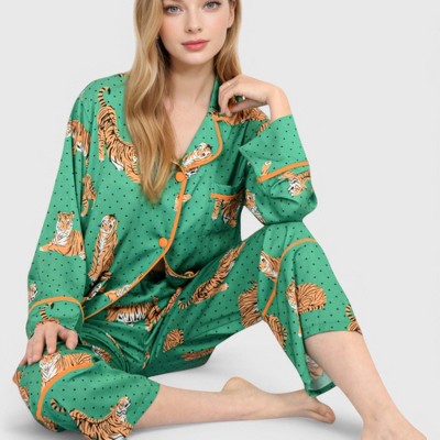 Anna-Kaci Lounge Women's Printed Satin Pajama Set with Long Sleeve Button-Up Top and Contrast Piping