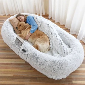 Large Washable Faux Fur Orthopedic Dog Bed for People and Pets, Extra Plush Pillow and Blanket Set, Premium Support for Napping and Doze Off - 1 of 4