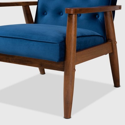 Navy Blue Velvet and Walnut Wooden Accent Chair