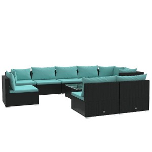 vidaXL Outdoor 10 Piece Patio Lounge Set, Poly Rattan, Black with Water-Resistant Cushions & Glass Table - Lightweight & Modular Design - 1 of 4