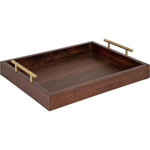 BRINJOY Decorative Wood Tray with Gold Handles - 16.5x12.25 inch Dark Walnut Brown Serving Tray - 1 of 4
